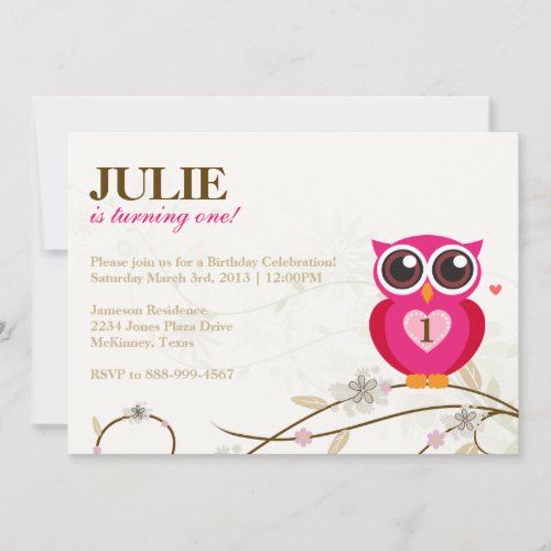 Pink Owl First Birthday Party Invitation