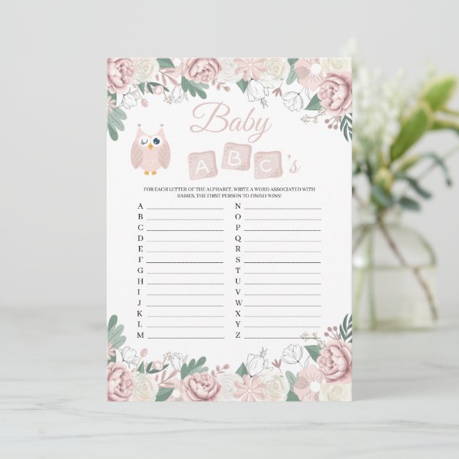 Pink Owl Floral Baby Shower Baby ABC's Game Card (Standing Front)