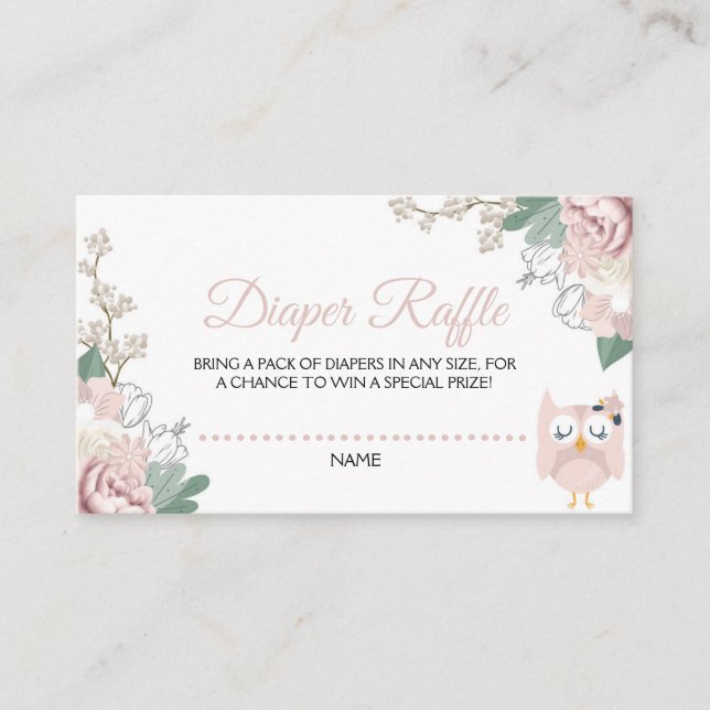 Pink Owl Floral Baby Shower Diaper Raffle Enclosure Card (Front)