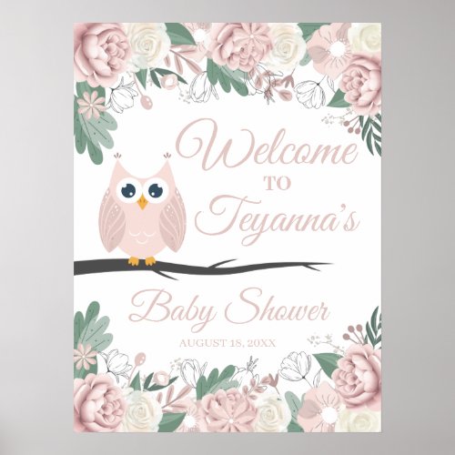 Pink Owl Floral Baby Shower Welcome Sign