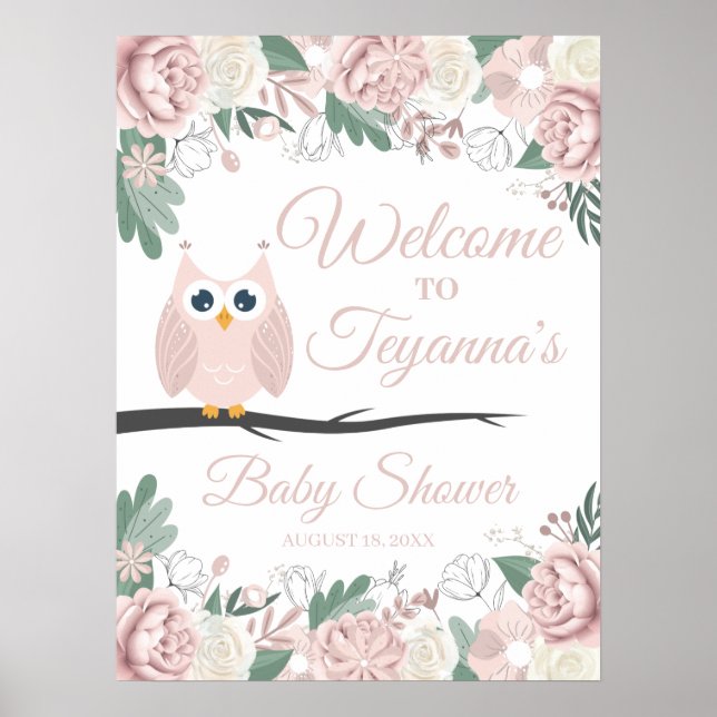Pink Owl Floral Baby Shower Welcome Sign (Front)