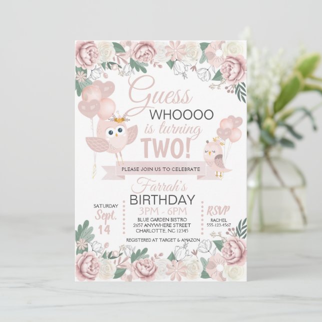 Pink Owl Floral Birthday Invitation (Standing Front)