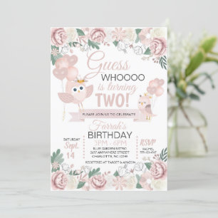 Pink Owl Floral Birthday Invitation