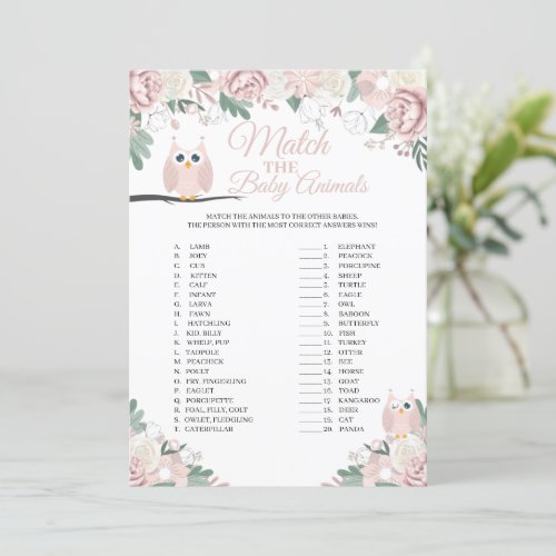 Pink Owl Floral Match The Baby Animals Game Card