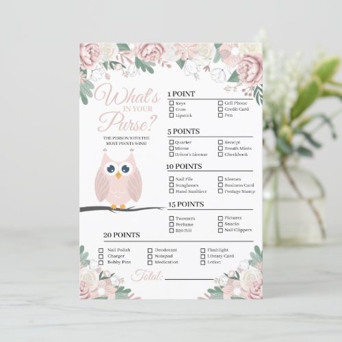 Pink Owl Floral Whats In Your Purse Game Card