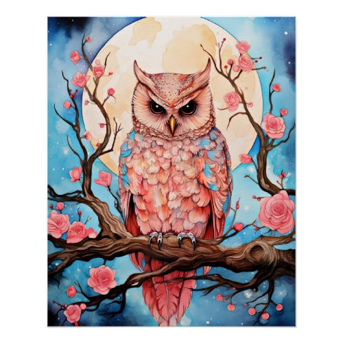 Pink Owl Full Moon Poster