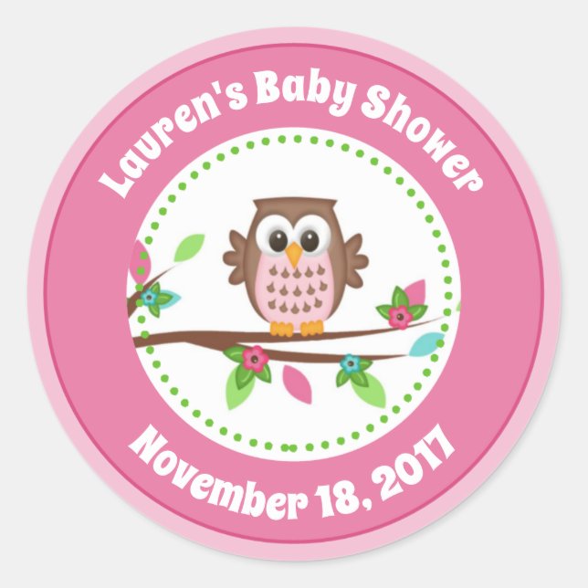 Pink Owl Girl Baby Shower Favor Stickers (Front)