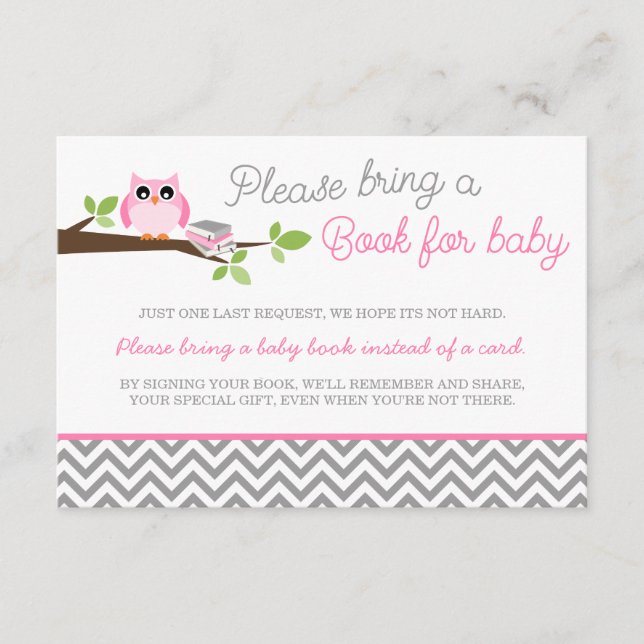 Pink Owl Gray Chevron Baby Shower Book Enclosure Card (Front)