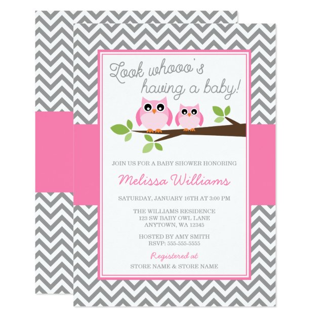 Pink Owl Gray Chevron Girl Baby Shower Invitation