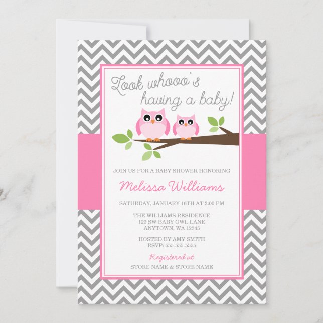 Pink Owl Gray Chevron Girl Baby Shower Invitation (Front)