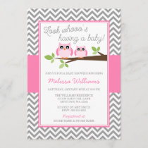 Pink Owl Gray Chevron Girl Baby Shower Invitation