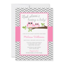 Pink Owl Gray Chevron Girl Baby Shower Invitation