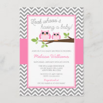 Pink Owl Gray Chevron Girl Baby Shower Invitation