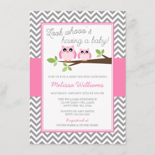 Pink Owl Gray Chevron Girl Baby Shower Invitation