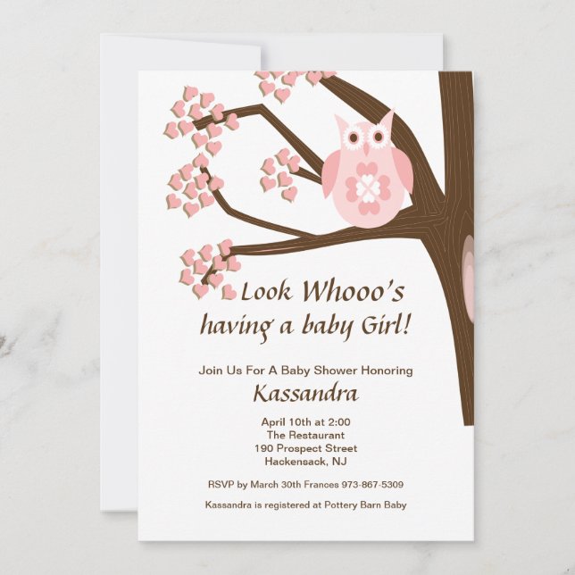 Pink Owl In A Tree Baby Girl Shower Invitation (Front)