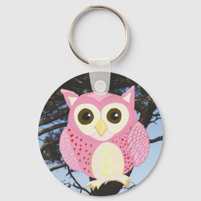 Pink Owl in a Tree Keychain (Front)