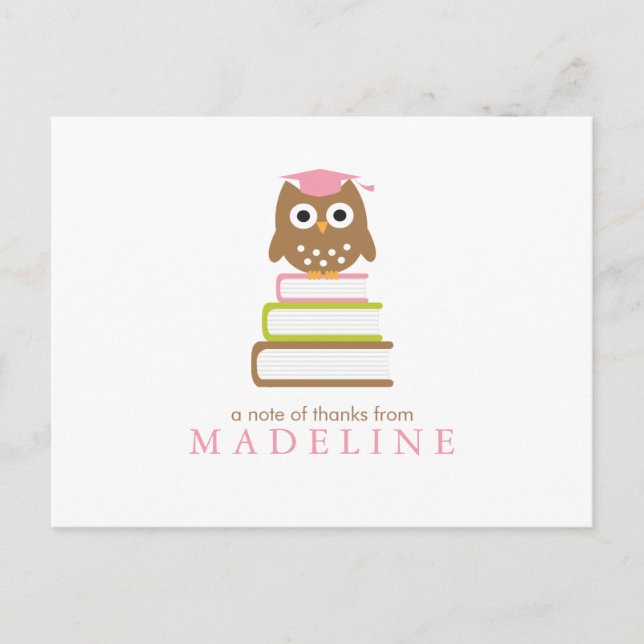 Pink Owl Kindergarten Graduation Thank You Postcard (Front)