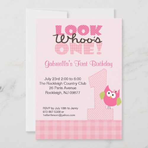 Pink Owl Large Number One 1st Birthday Invitation