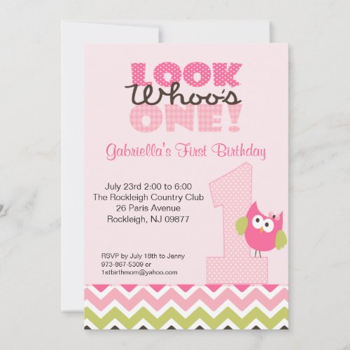 Pink Owl Large Number One 1st Birthday Invitation