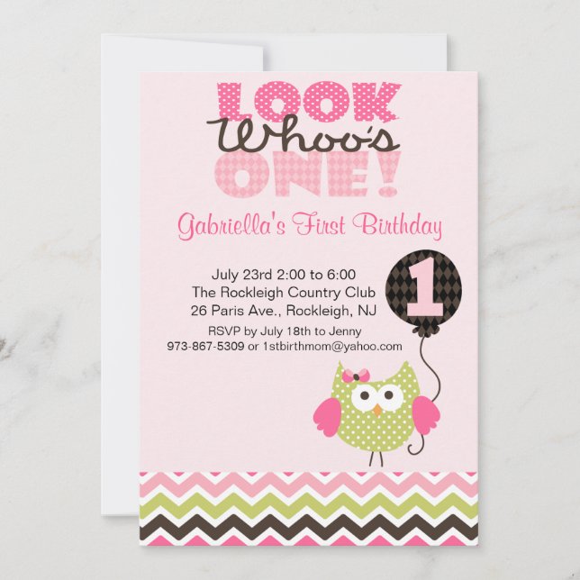 Pink Owl Look Who's One Birthday Invitation (Front)