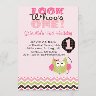 Pink Owl Look Who's One Birthday Invitation