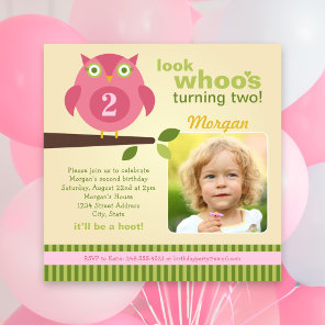 Pink Owl Modern Woodland Birthday Girl Party Invitation