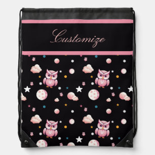 Pink Owl Moonlight Pattern Drawstring Bag