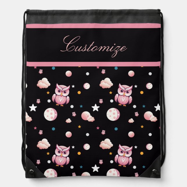Pink Owl Moonlight Pattern Drawstring Bag (Front)