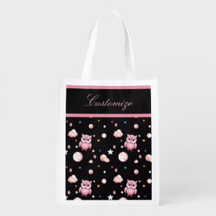 Pink Owl Moonlight Pattern Grocery Bag