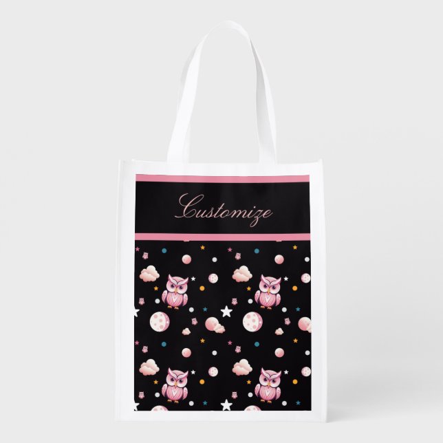 Pink Owl Moonlight Pattern Grocery Bag (Back)