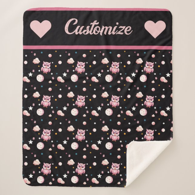 Pink Owl Moonlight Pattern Sherpa Blanket (Front)