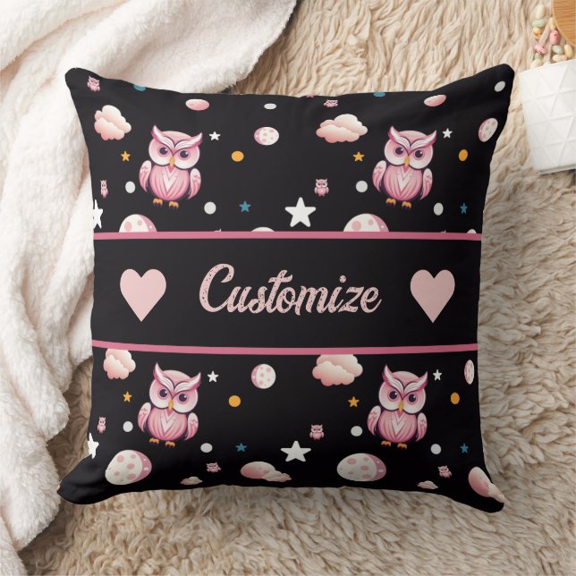Pink Owl Moonlight Pattern Throw Pillow (Blanket)