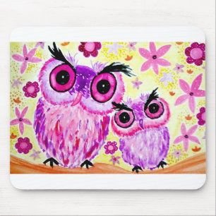 Pink owl mother and daughter watercolor mouse pad