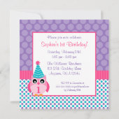 Pink Owl Multi Polka Dot 1st Birthday Girl Photo Invitation (Back)