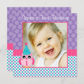 Pink Owl Multi Polka Dot 1st Birthday Girl Photo Invitation (Front/Back)