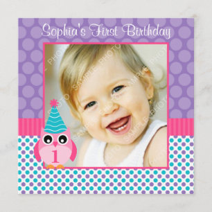 Pink Owl Multi Polka Dot 1st Birthday Girl Photo Invitation