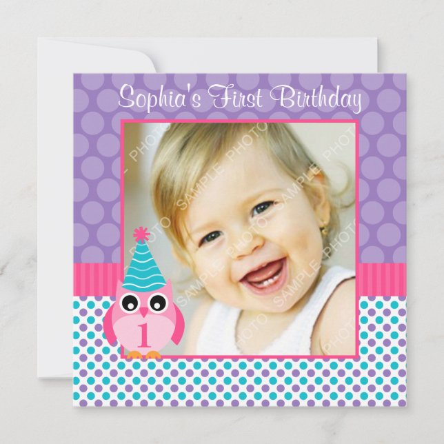 Pink Owl Multi Polka Dot 1st Birthday Girl Photo Invitation (Front)