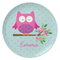 Pink Owl on a Branch Personalized Melamine Plate