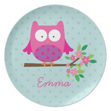 Pink Owl on a Branch Personalized Melamine Plate