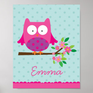 Pink Owl on a branch Personalized Nursery Poster