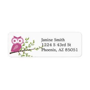 Pink Owl on Branch Return Address Label