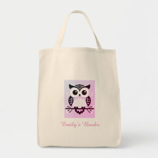 Pink owl on branche personalized library book to t tote bag