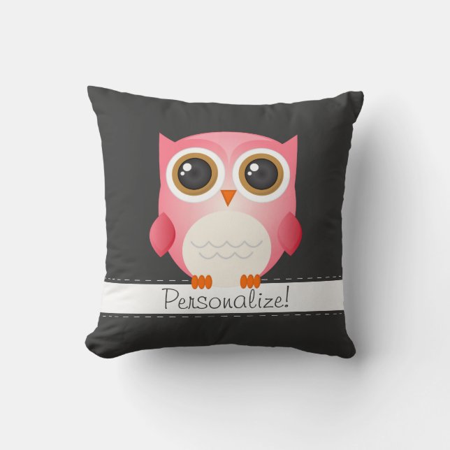 Pink Owl on Dark Gray Pillow, Personalize it! Throw Pillow (Front)