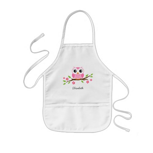 Pink owl on floral branch personalized name kids apron