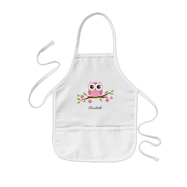 Pink owl on floral branch personalized name kids' apron (Front)