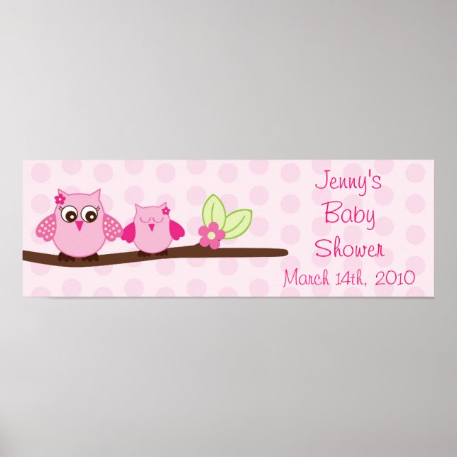 Pink Owl Personalized Baby Shower Banner Poster (Front)