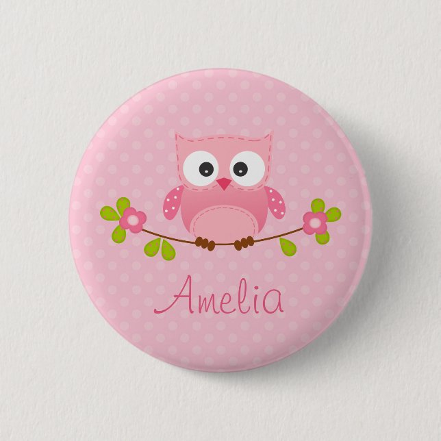 Pink Owl Personalized Button (Cute) (Front)