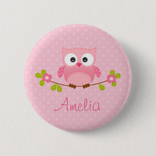 Pink Owl Personalized Button (Cute)