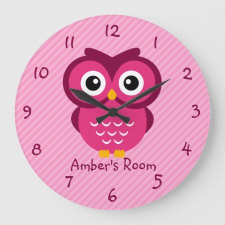 Pink Owl Personalized Kids Bedroom Large Clock