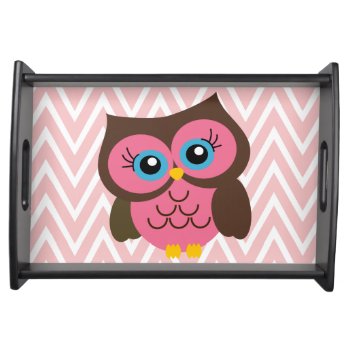 Pink Owl & Pink Chevron Zigzag Serving Tray by stripedhope at Zazzle